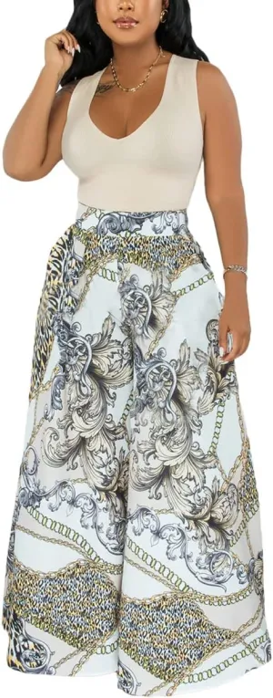 BFFBABY Womens Casual Palazzo Pants High Waist Printed Ruched Loose Flowy Lounge Wide Leg Pants (M-3XL)