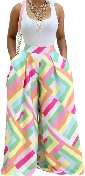 BFFBABY Womens Casual Palazzo Pants High Waist Printed Ruched Loose Flowy Lounge Wide Leg Pants (M-3XL)