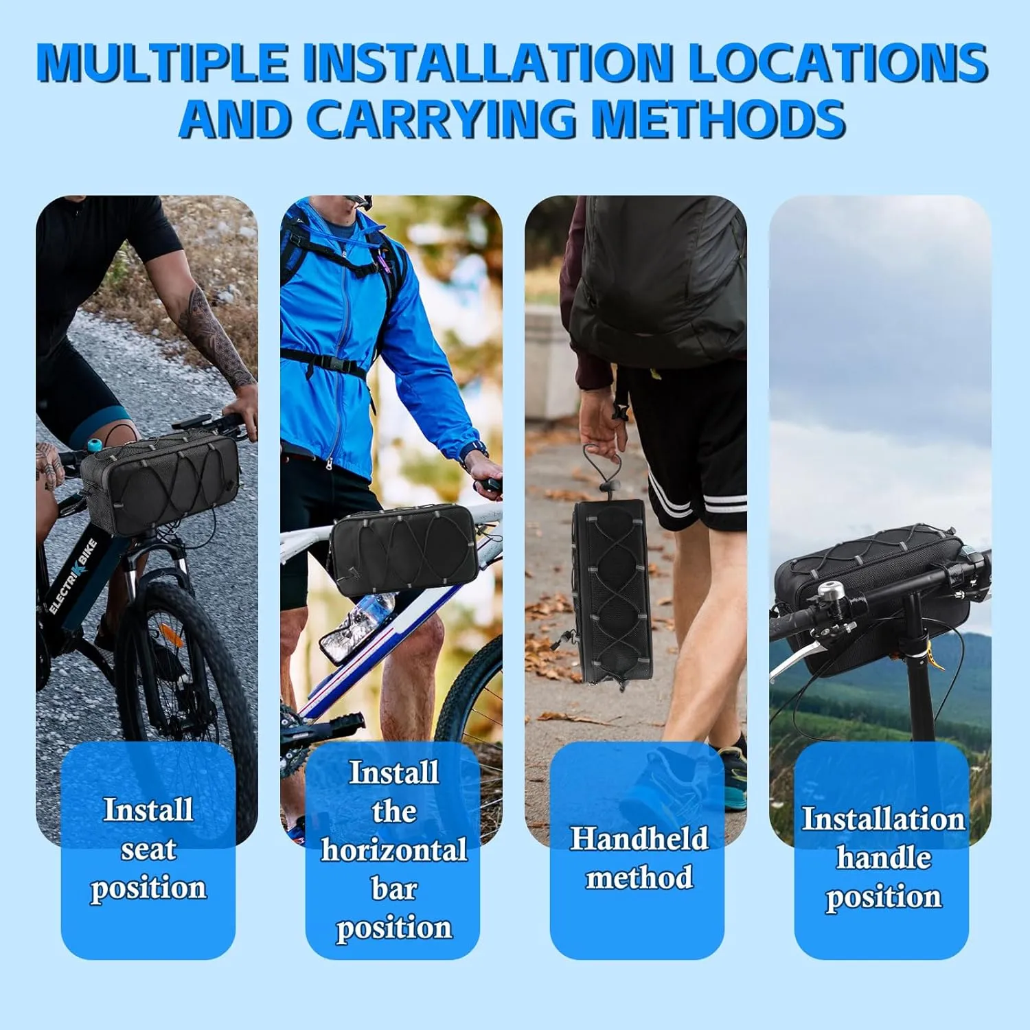 Bike Handlebar Bag, 4.3L Reflective Front Frame Roll Pouch, Mild Waterproof and Hardening of the Shell, Road Mountain Bicycle Professional Travel Accessories, Installable Cycling Seat Storage Bags