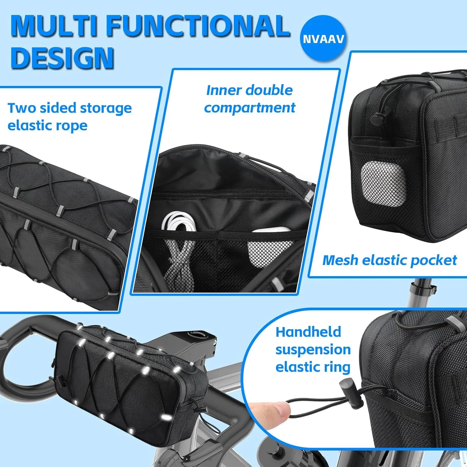 Bike Handlebar Bag, 4.3L Reflective Front Frame Roll Pouch, Mild Waterproof and Hardening of the Shell, Road Mountain Bicycle Professional Travel Accessories, Installable Cycling Seat Storage Bags