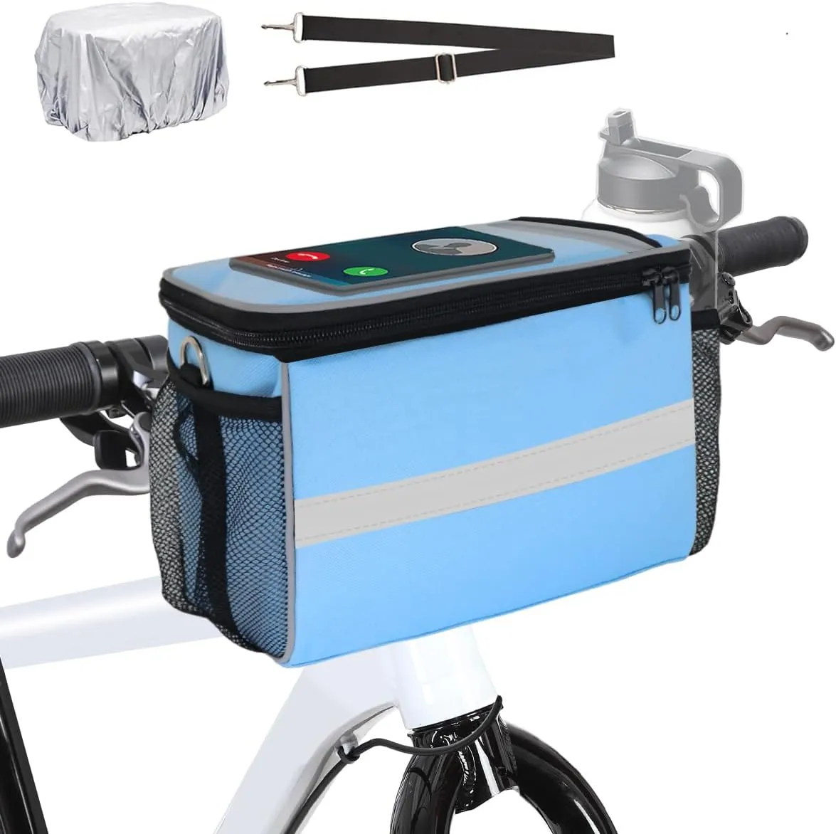 Bike Handlebar Bag, 7" Bike Phone Holder, Water-resistant Bike Basket, Bicycle Front Storage Bag, Bike Frame Bag for MTB Racing Road Bike, with Shoulder Strap and Rain Cover