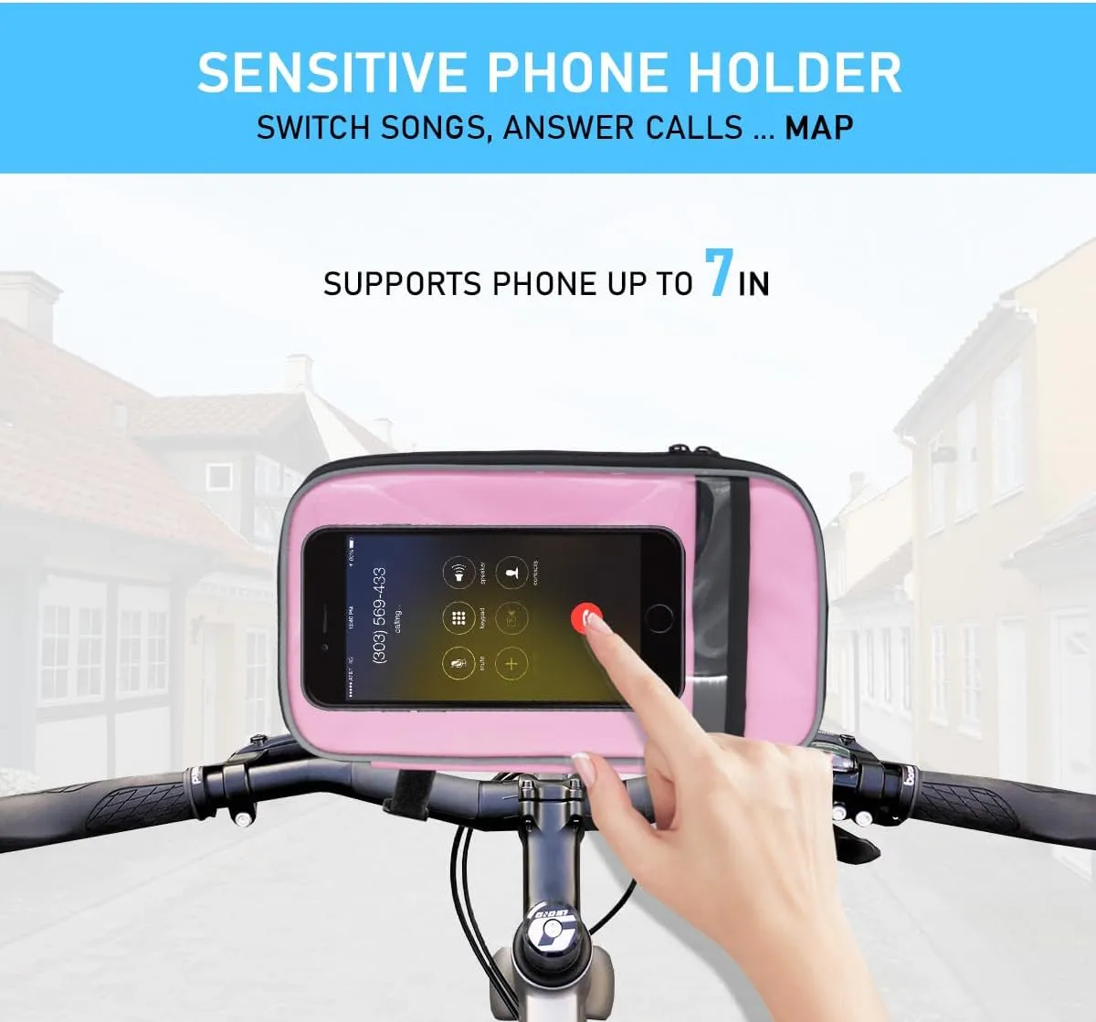Bike Handlebar Bag, 7" Phone Holder, Water-Resistant Bike Basket, Front Storage Bag with Shoulder Strap and Rain Cover