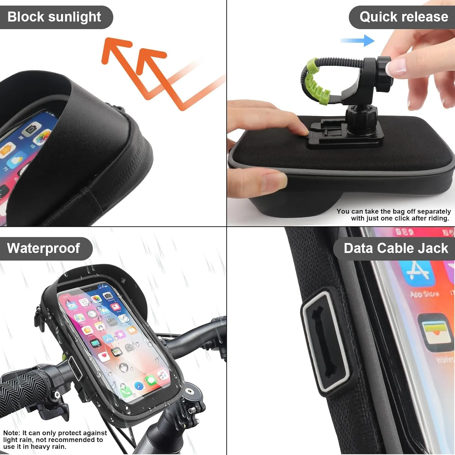 Bike Phone Handlebar Bag Holder Bike Phone Holder Waterproof Bike Bag with Sun-Visor Rain Cover, TPU Touch Screen, Handlebar Mount Bicycle Phone Front Frame Bag Bike Phone Mount for Bike