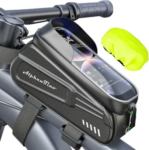 Bike Phone Holder Bag - Waterproof Hard Case Large Capacity Top Tube Front Frame Bicycle Pouch Cycling Mount, Bike Accessories, TPU Touch-Screen & Sun-Visor (Green ZIpper)