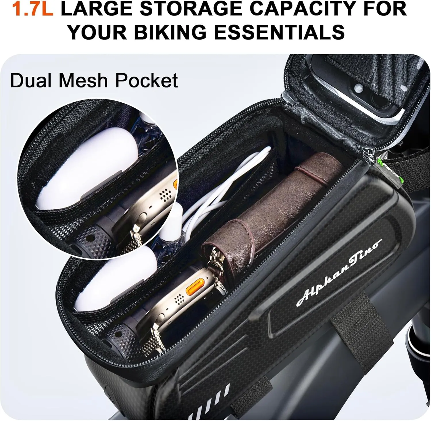 Bike Phone Holder Bag - Waterproof Hard Case Large Capacity Top Tube Front Frame Bicycle Pouch Cycling Mount, Bike Accessories, TPU Touch-Screen & Sun-Visor (Green ZIpper)