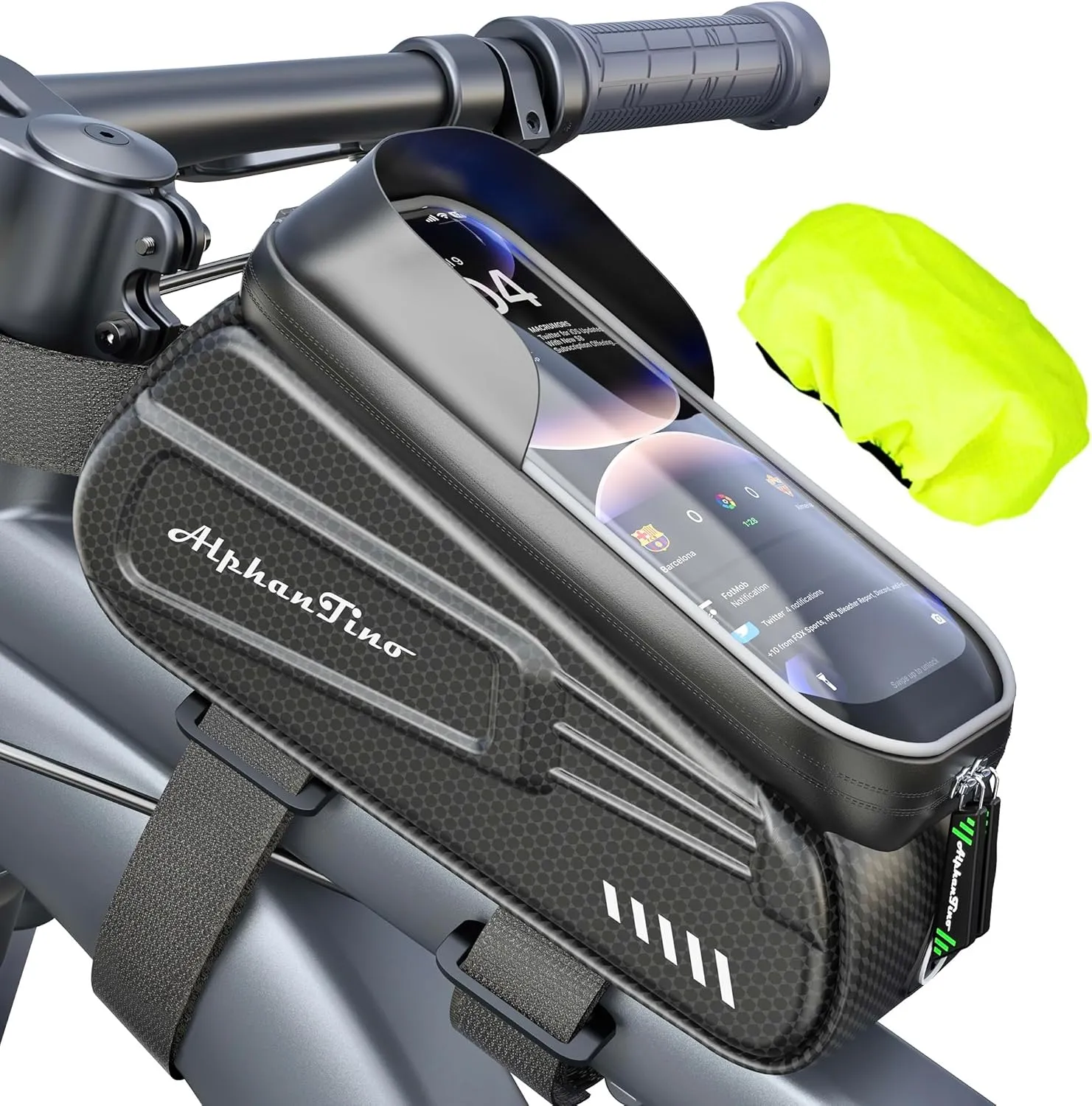 Bike Phone Holder Bag - Waterproof Hard Case Large Capacity Top Tube Front Frame Bicycle Pouch Cycling Mount, Bike Accessories, TPU Touch-Screen & Sun-Visor (Green ZIpper)
