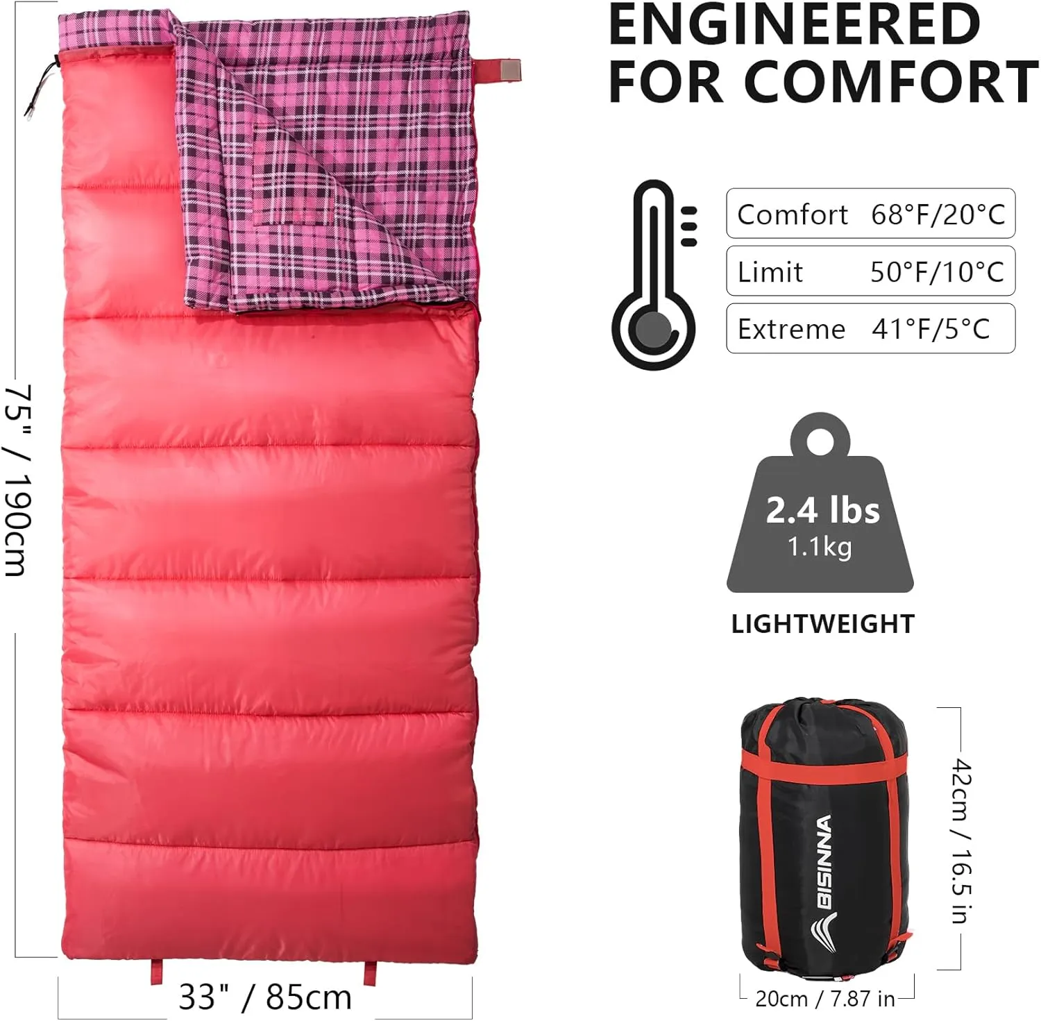 BISINNA Cotton Flannel Sleeping Bag for Adults Camping Sleeping Bag 3 Season Envelope Slepings with 2.2/3.3lbs Filling for Hiking Backpacking