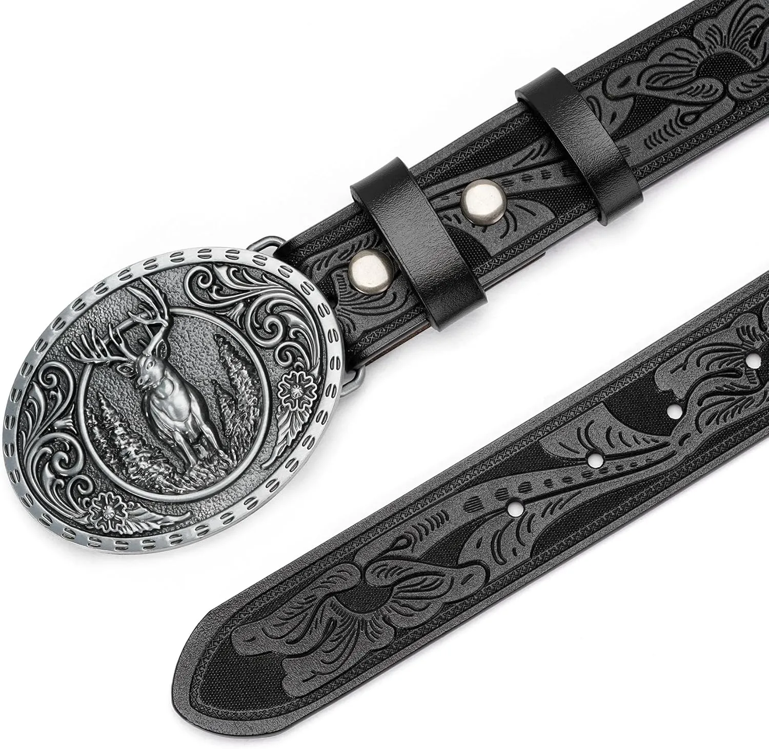 BISON DENIM Men's Western cowboy belt Classic Double embossed leather belts with Printed Engraved Buckle