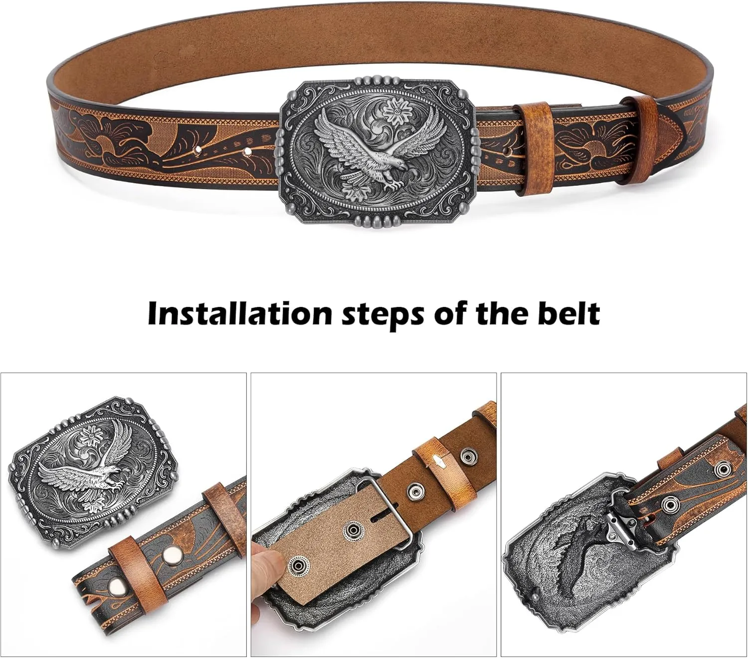 BISON DENIM Men's Western cowboy belt Classic Double embossed leather belts with Printed Engraved Buckle