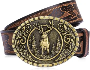 BISON DENIM Men's Western cowboy belt Classic Double embossed leather belts with Printed Engraved Buckle