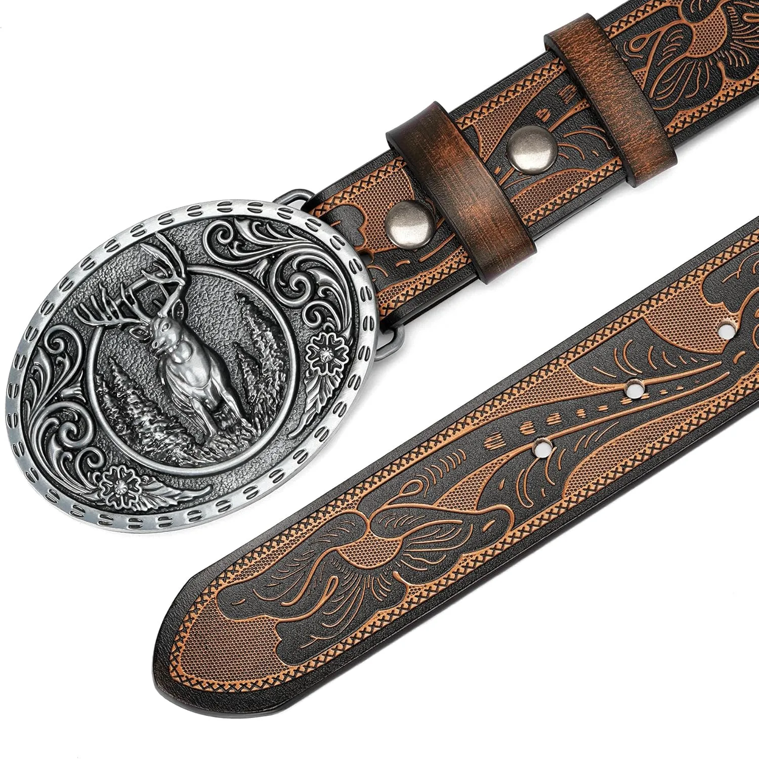 BISON DENIM Men's Western cowboy belt Classic Double embossed leather belts with Printed Engraved Buckle