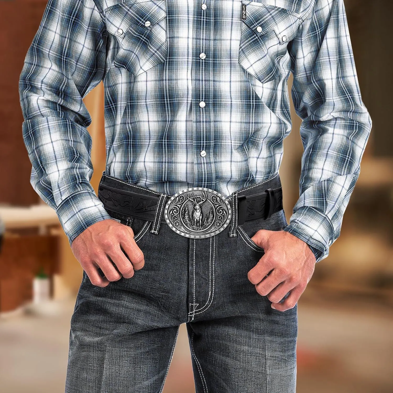 BISON DENIM Men's Western cowboy belt Classic Double embossed leather belts with Printed Engraved Buckle