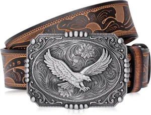 BISON DENIM Men's Western cowboy belt Classic Double embossed leather belts with Printed Engraved Buckle