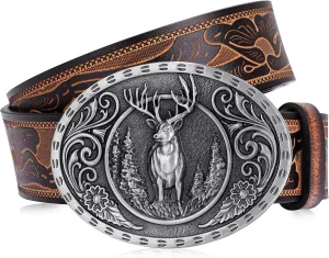 BISON DENIM Men's Western cowboy belt Classic Double embossed leather belts with Printed Engraved Buckle