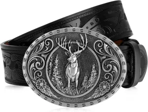 BISON DENIM Men's Western cowboy belt Classic Double embossed leather belts with Printed Engraved Buckle