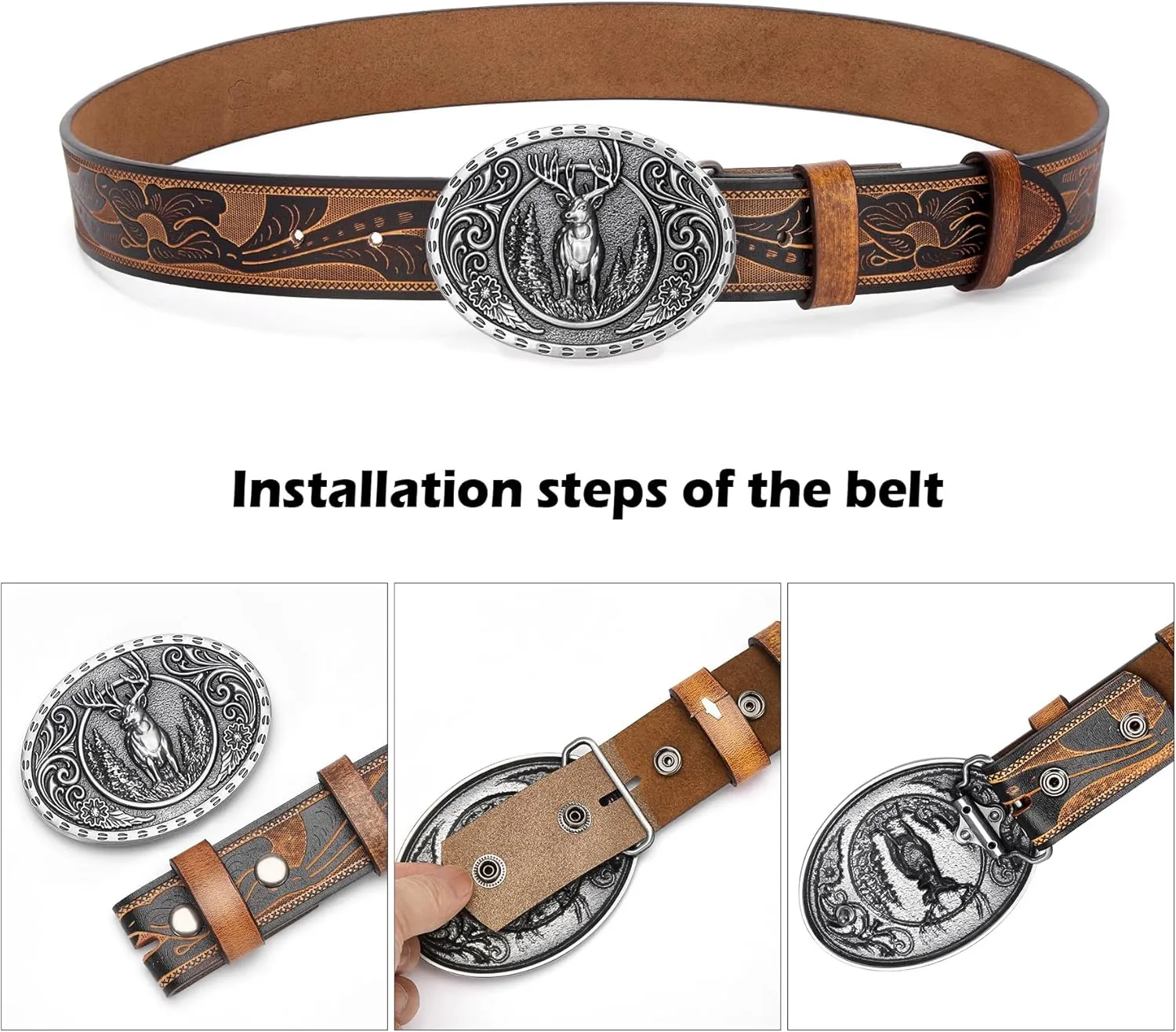 BISON DENIM Men's Western cowboy belt Classic Double embossed leather belts with Printed Engraved Buckle