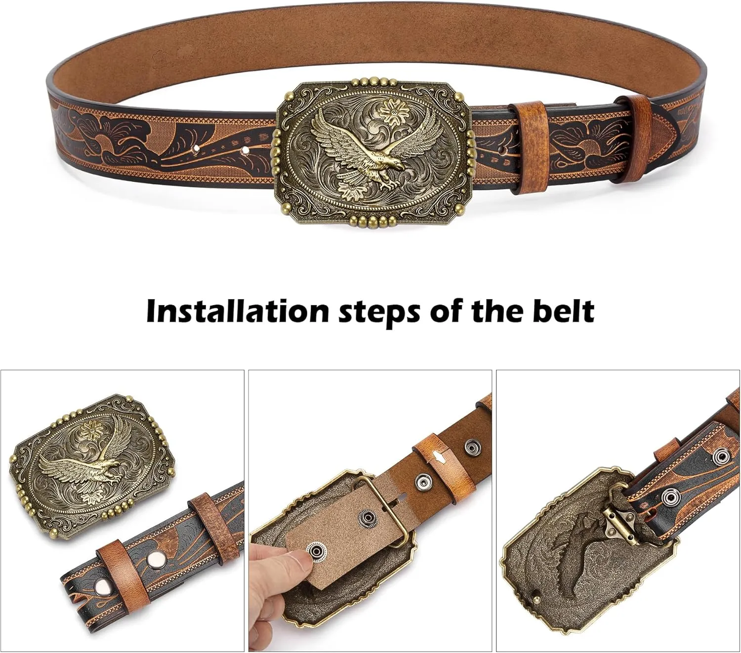 BISON DENIM Men's Western cowboy belt Classic Double embossed leather belts with Printed Engraved Buckle