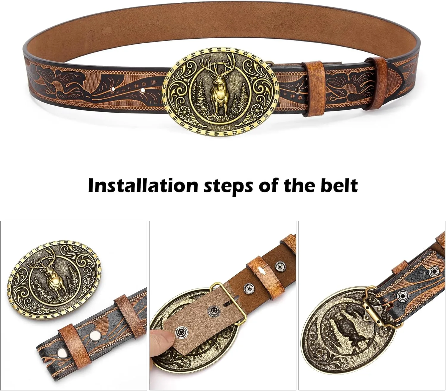 BISON DENIM Men's Western cowboy belt Classic Double embossed leather belts with Printed Engraved Buckle