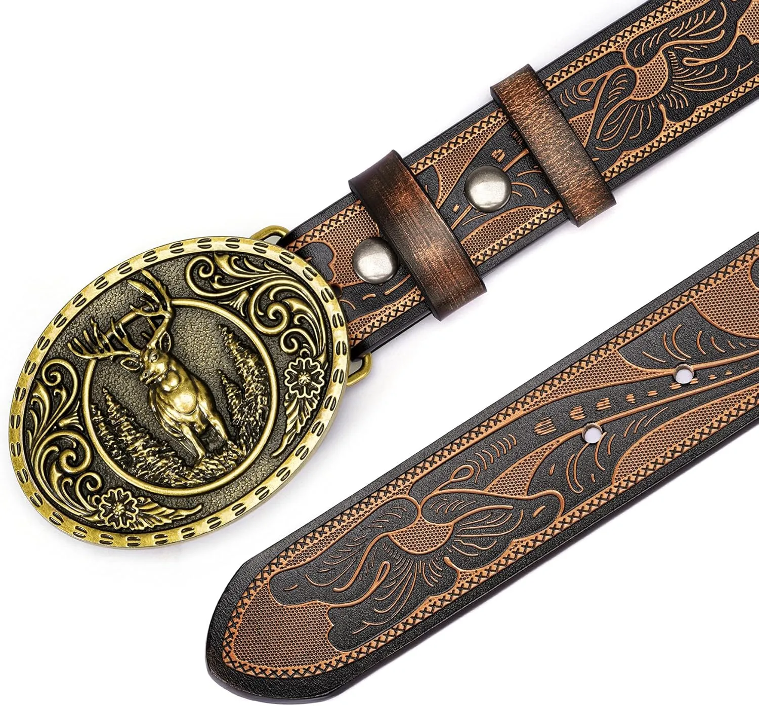 BISON DENIM Men's Western cowboy belt Classic Double embossed leather belts with Printed Engraved Buckle