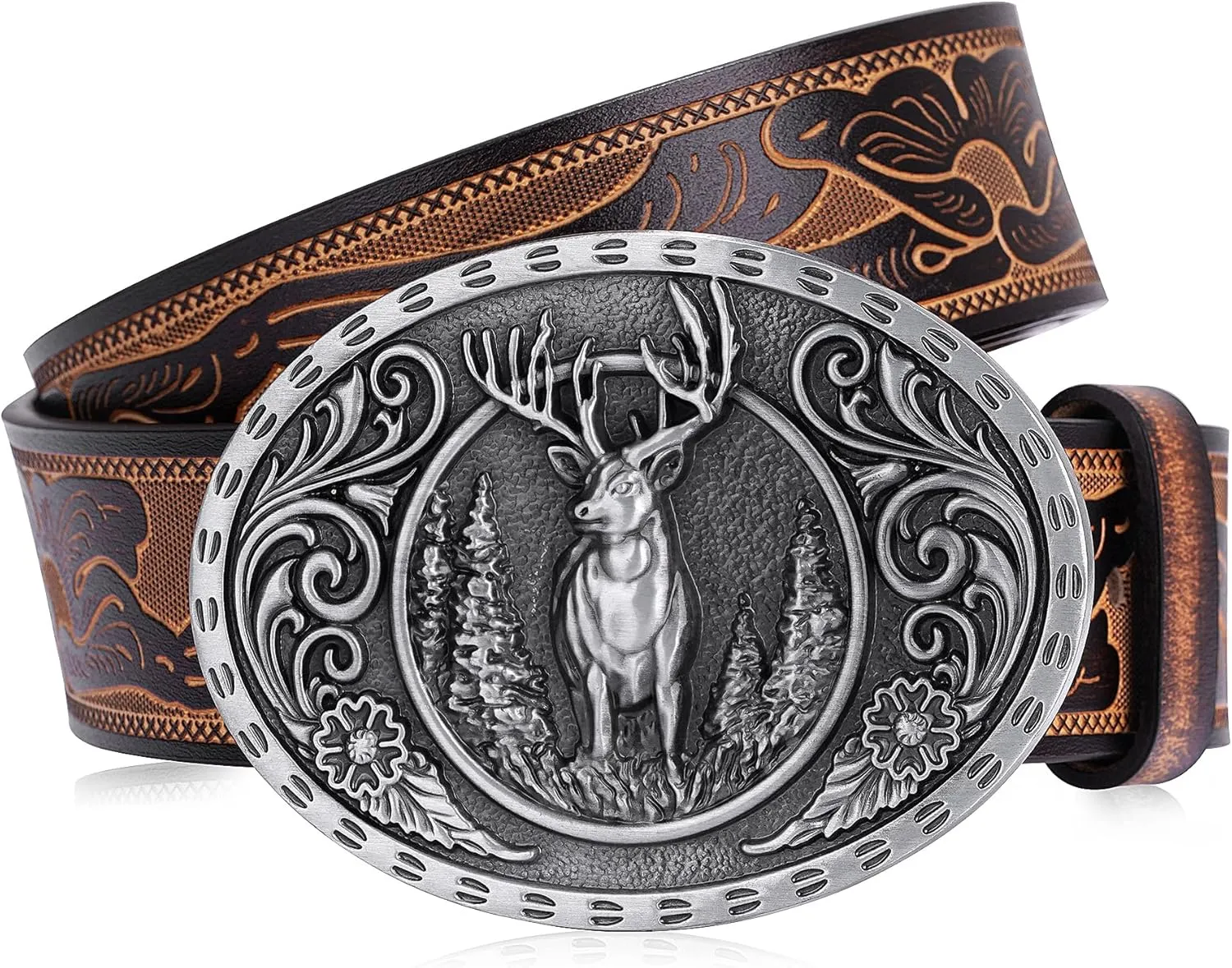 BISON DENIM Men's Western cowboy belt Classic Double embossed leather belts with Printed Engraved Buckle