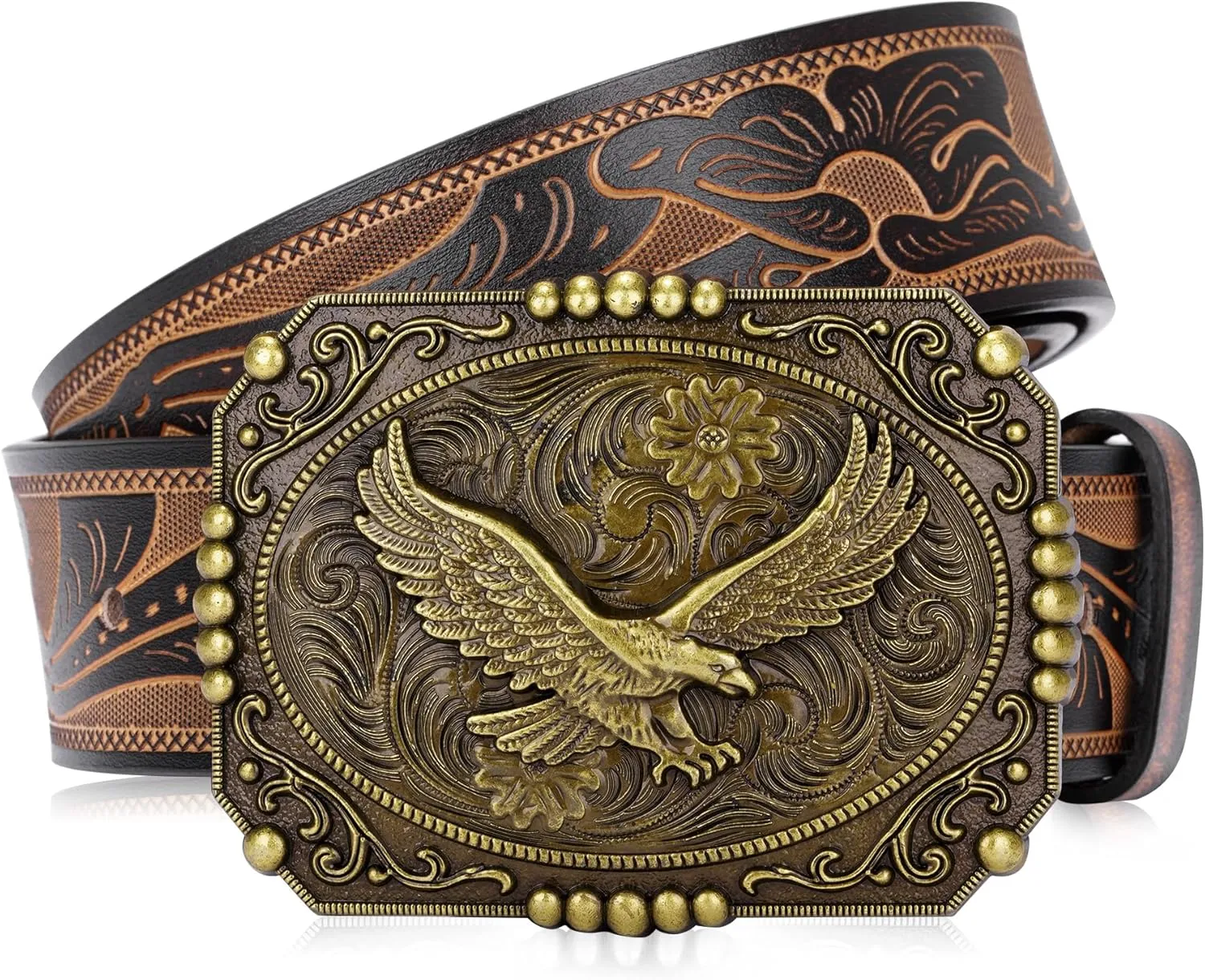 BISON DENIM Men's Western cowboy belt Classic Double embossed leather belts with Printed Engraved Buckle