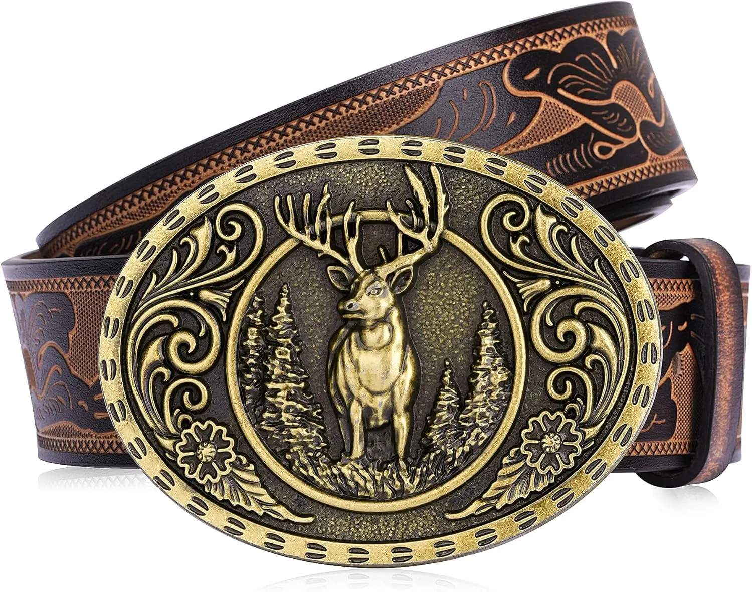 BISON DENIM Men's Western cowboy belt Classic Double embossed leather belts with Printed Engraved Buckle