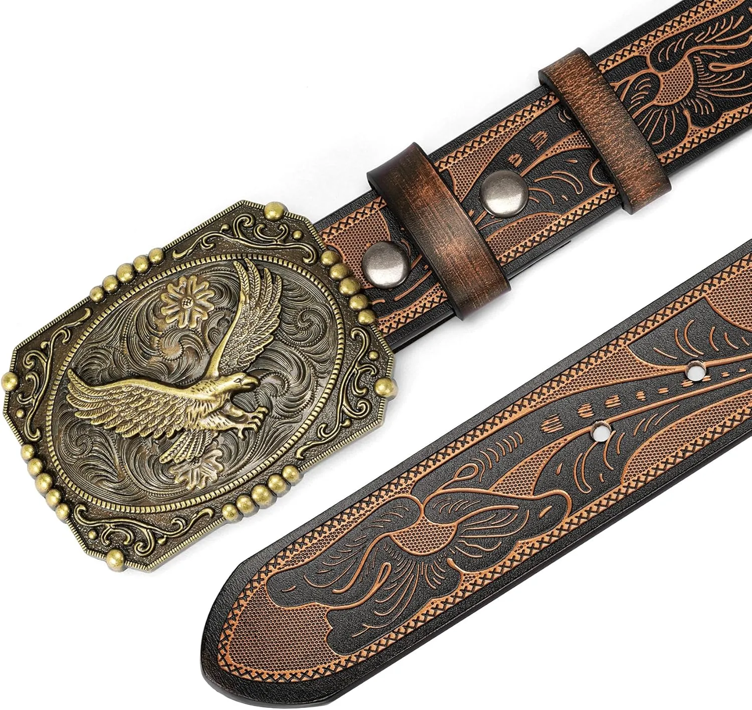 BISON DENIM Men's Western cowboy belt Classic Double embossed leather belts with Printed Engraved Buckle