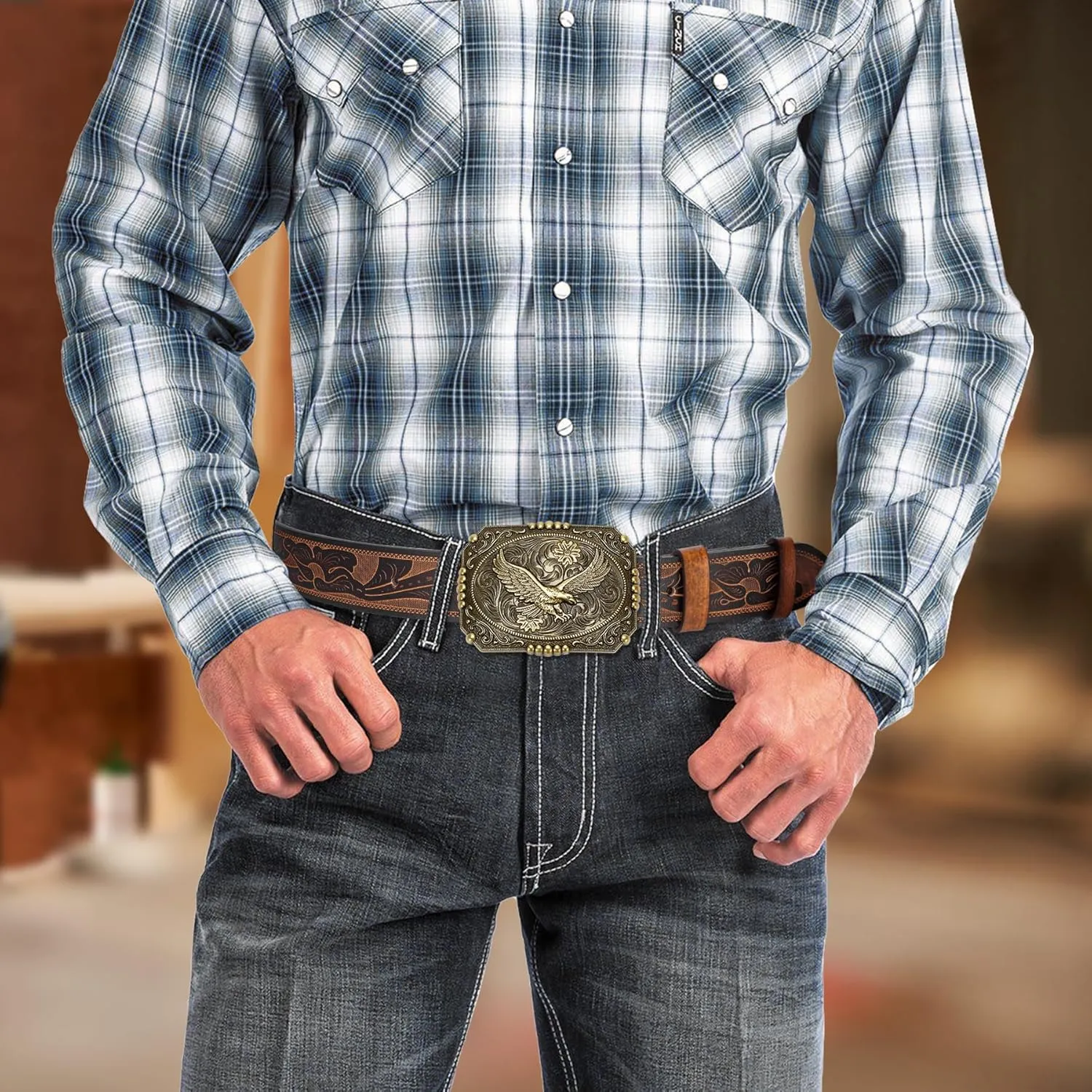 BISON DENIM Men's Western cowboy belt Classic Double embossed leather belts with Printed Engraved Buckle