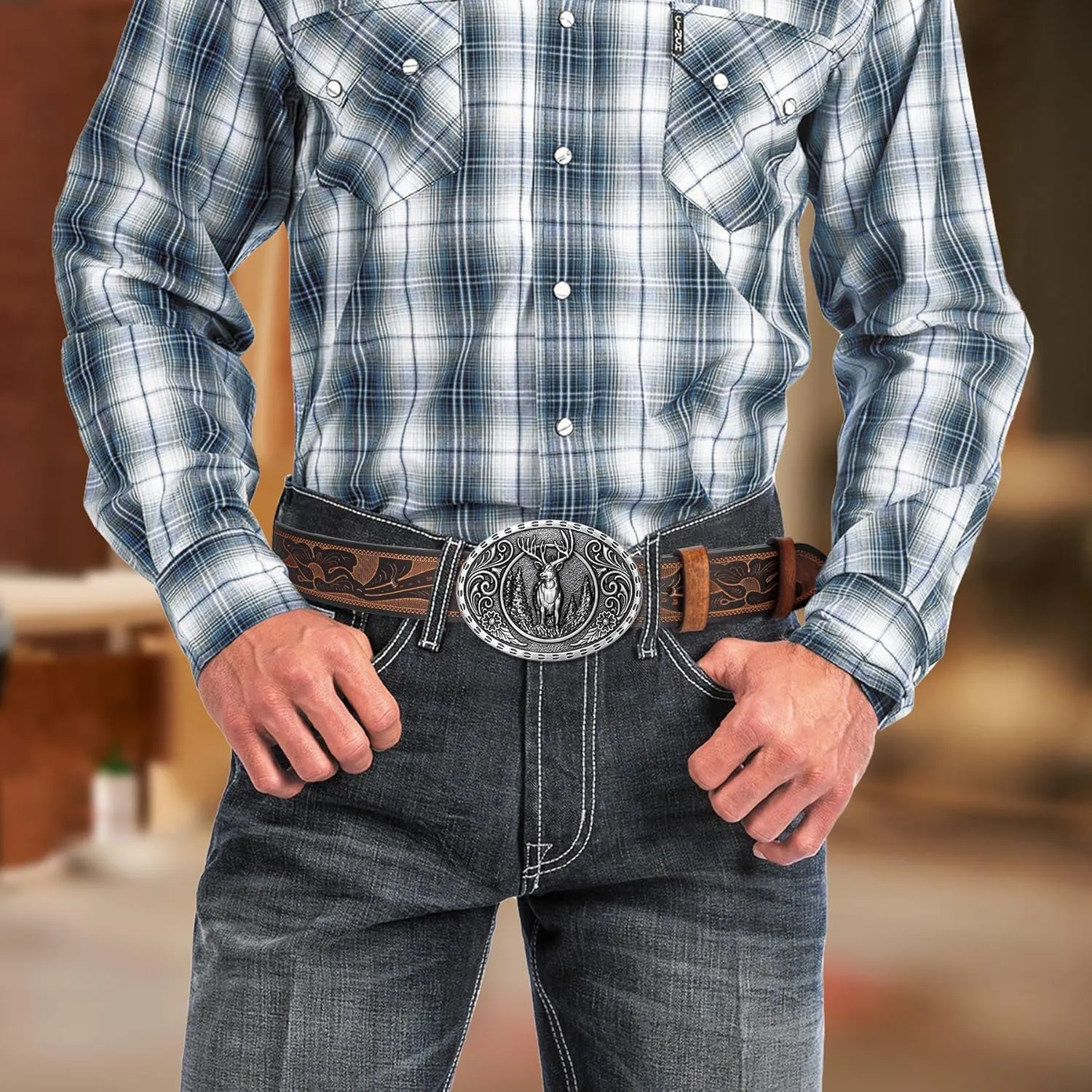 BISON DENIM Men's Western cowboy belt Classic Double embossed leather belts with Printed Engraved Buckle