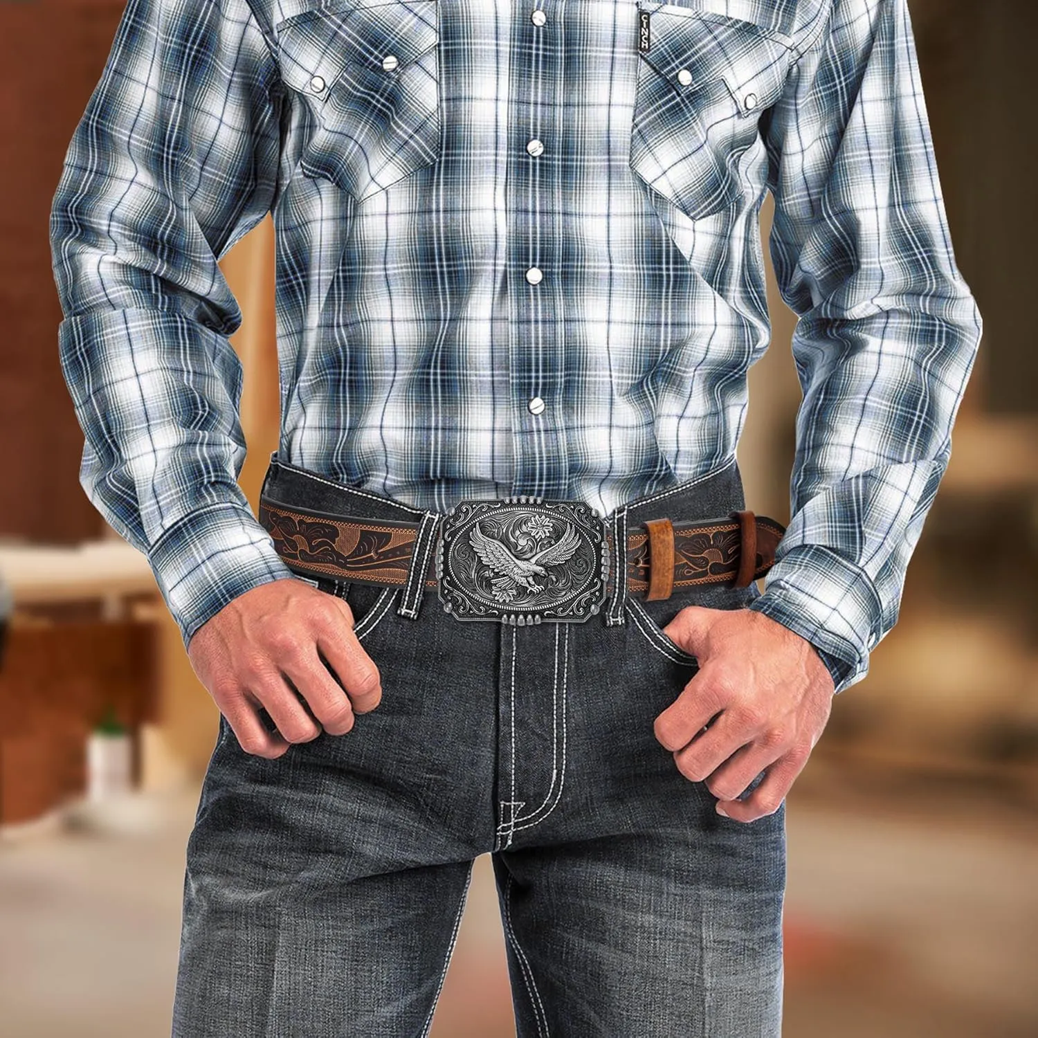 BISON DENIM Men's Western cowboy belt Classic Double embossed leather belts with Printed Engraved Buckle