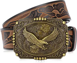 BISON DENIM Men's Western cowboy belt Classic Double embossed leather belts with Printed Engraved Buckle