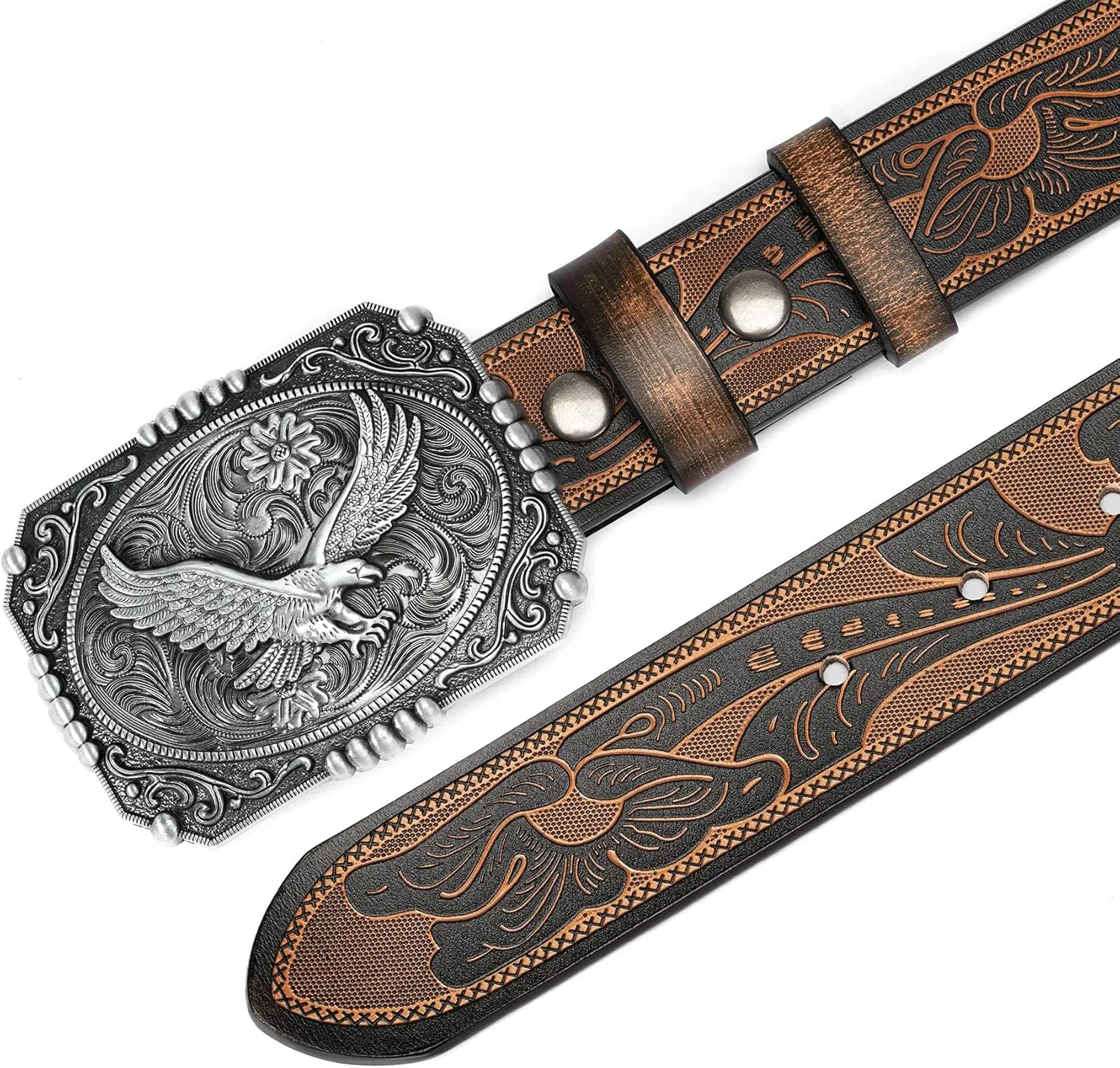 BISON DENIM Men's Western cowboy belt Classic Double embossed leather belts with Printed Engraved Buckle