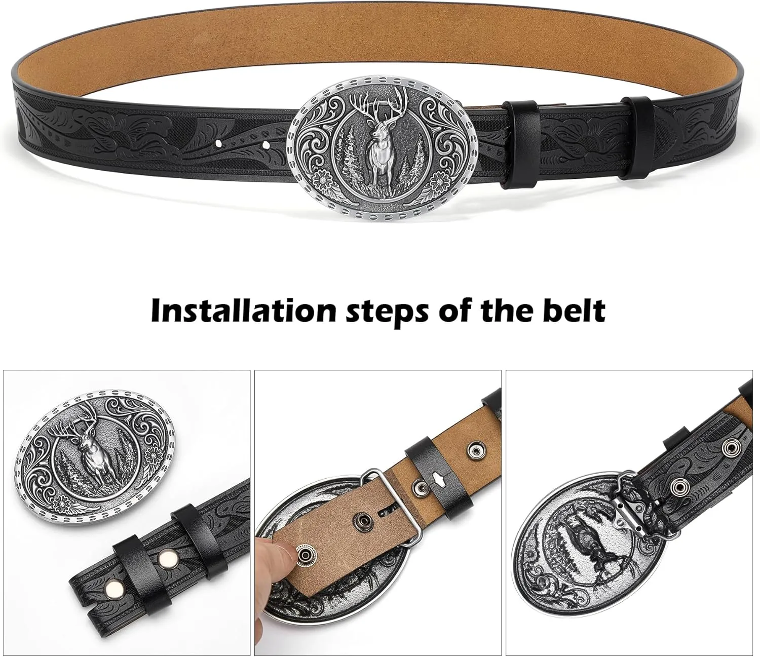 BISON DENIM Men's Western cowboy belt Classic Double embossed leather belts with Printed Engraved Buckle