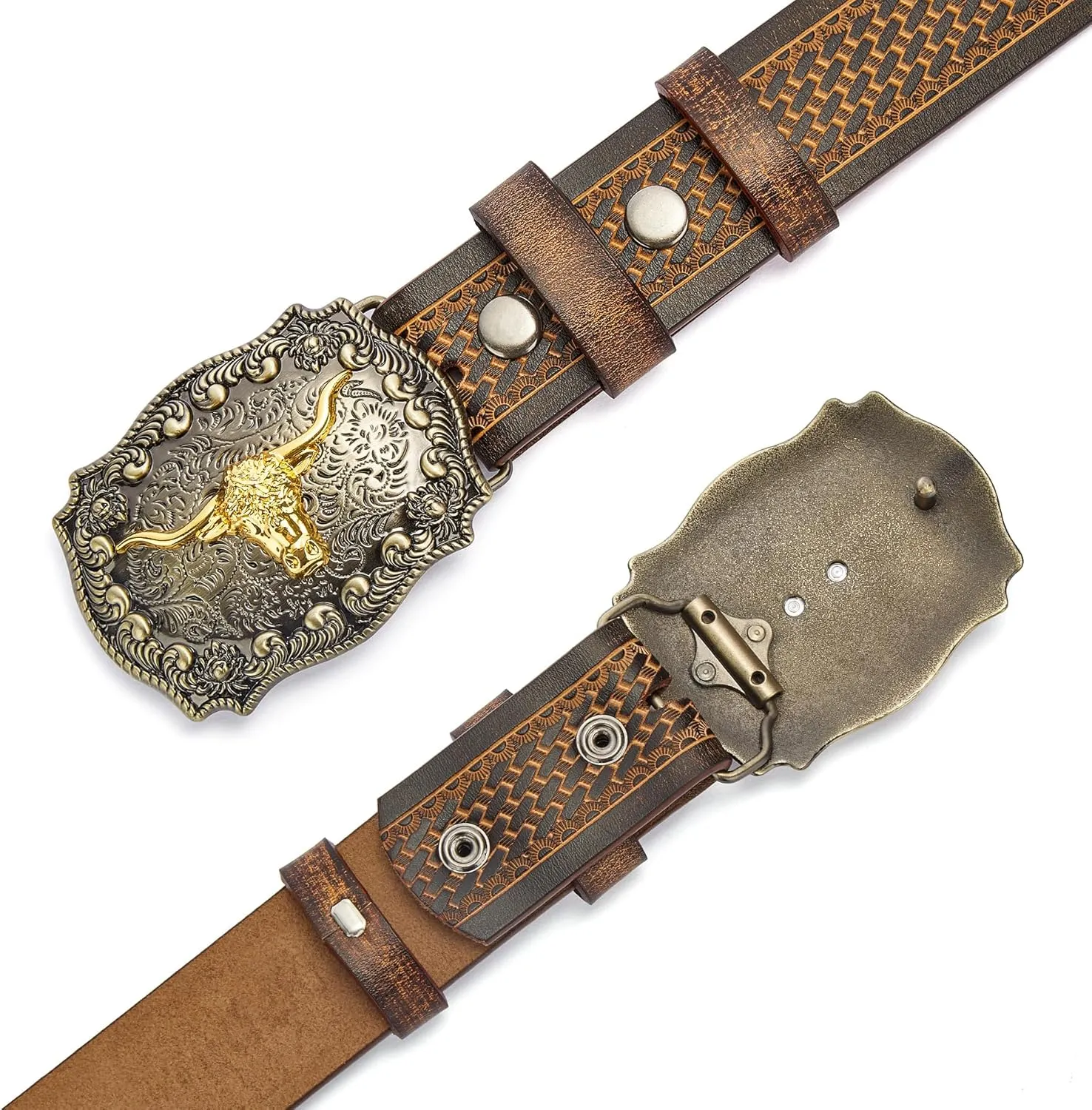 BISON DENIM Mens Western Cowboy Belt - Longhorn Cow Pattern Buckle with Printed Engraved Buckle Strap Adjustable