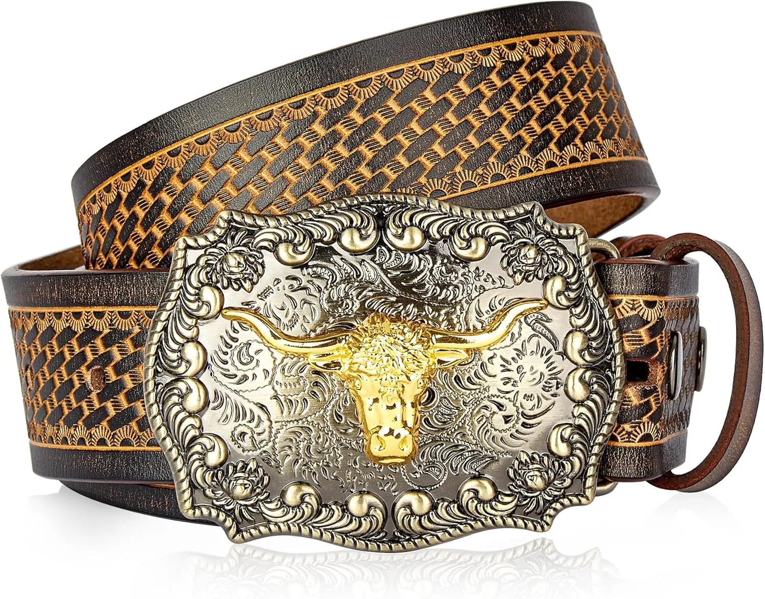 BISON DENIM Mens Western Cowboy Belt - Longhorn Cow Pattern Buckle with Printed Engraved Buckle Strap Adjustable