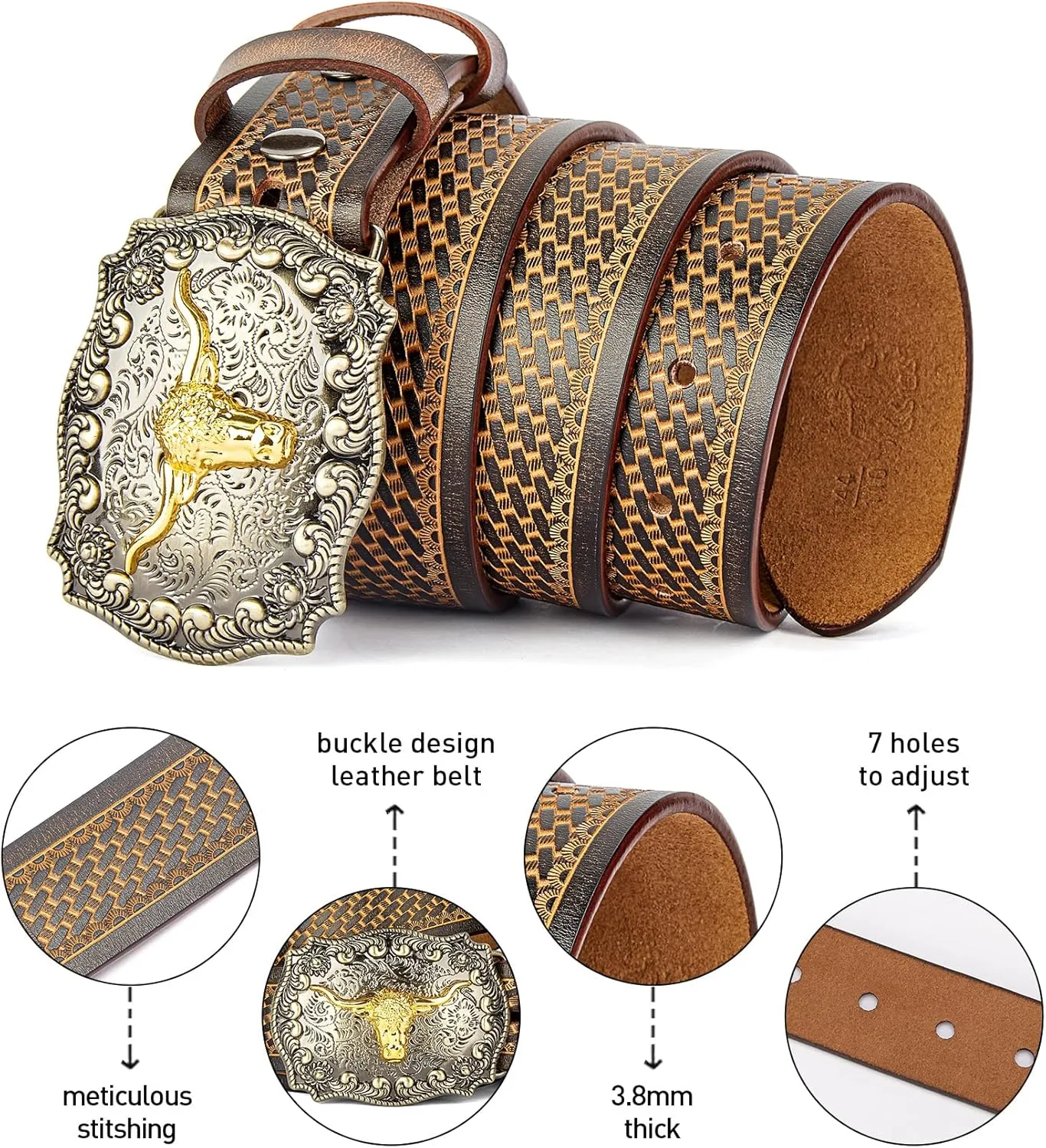 BISON DENIM Mens Western Cowboy Belt - Longhorn Cow Pattern Buckle with Printed Engraved Buckle Strap Adjustable