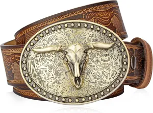 BISON DENIM Mens Western Cowboy Belt - Longhorn Cow Pattern Buckle with Printed Engraved Buckle Strap Adjustable