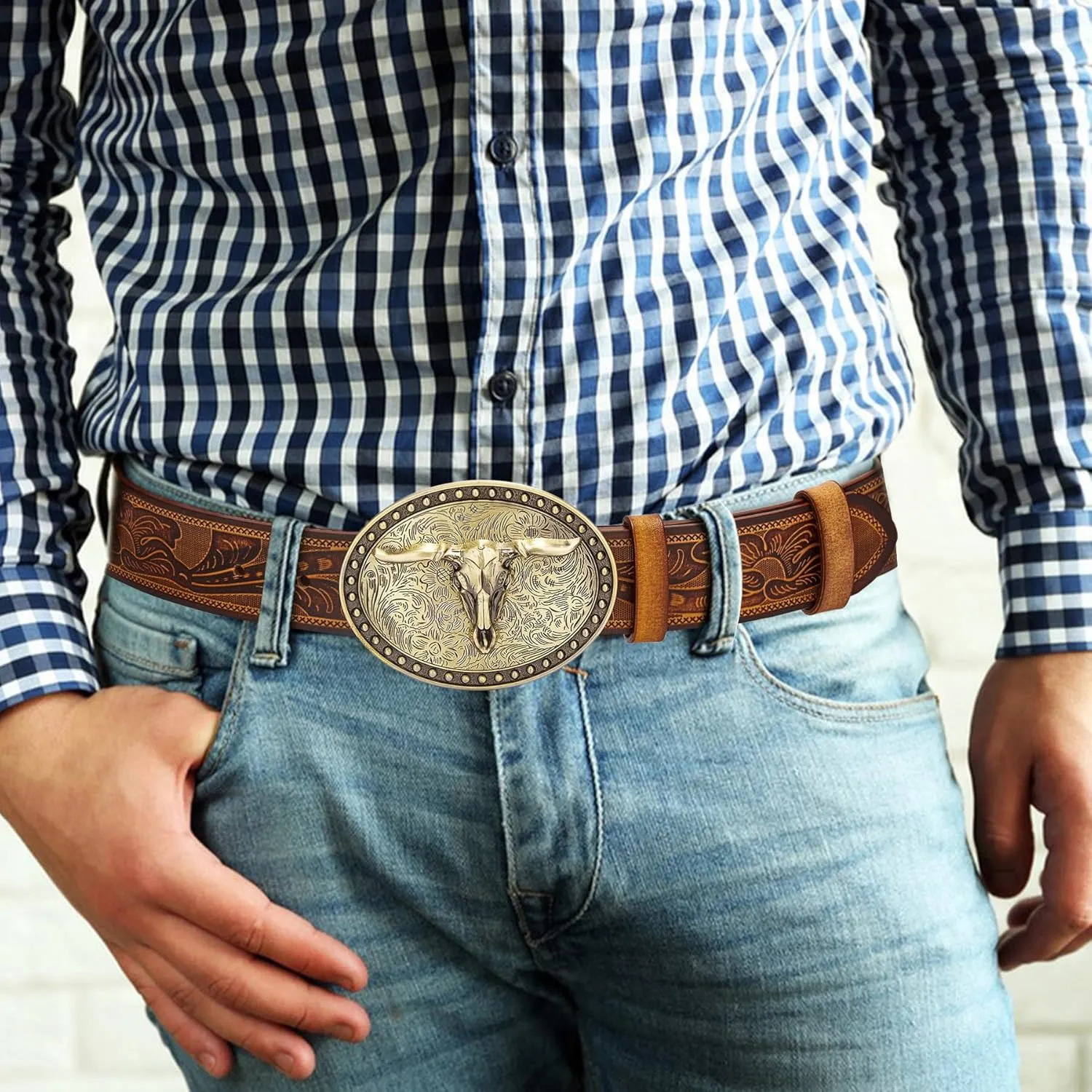 BISON DENIM Mens Western Cowboy Belt - Longhorn Cow Pattern Buckle with Printed Engraved Buckle Strap Adjustable