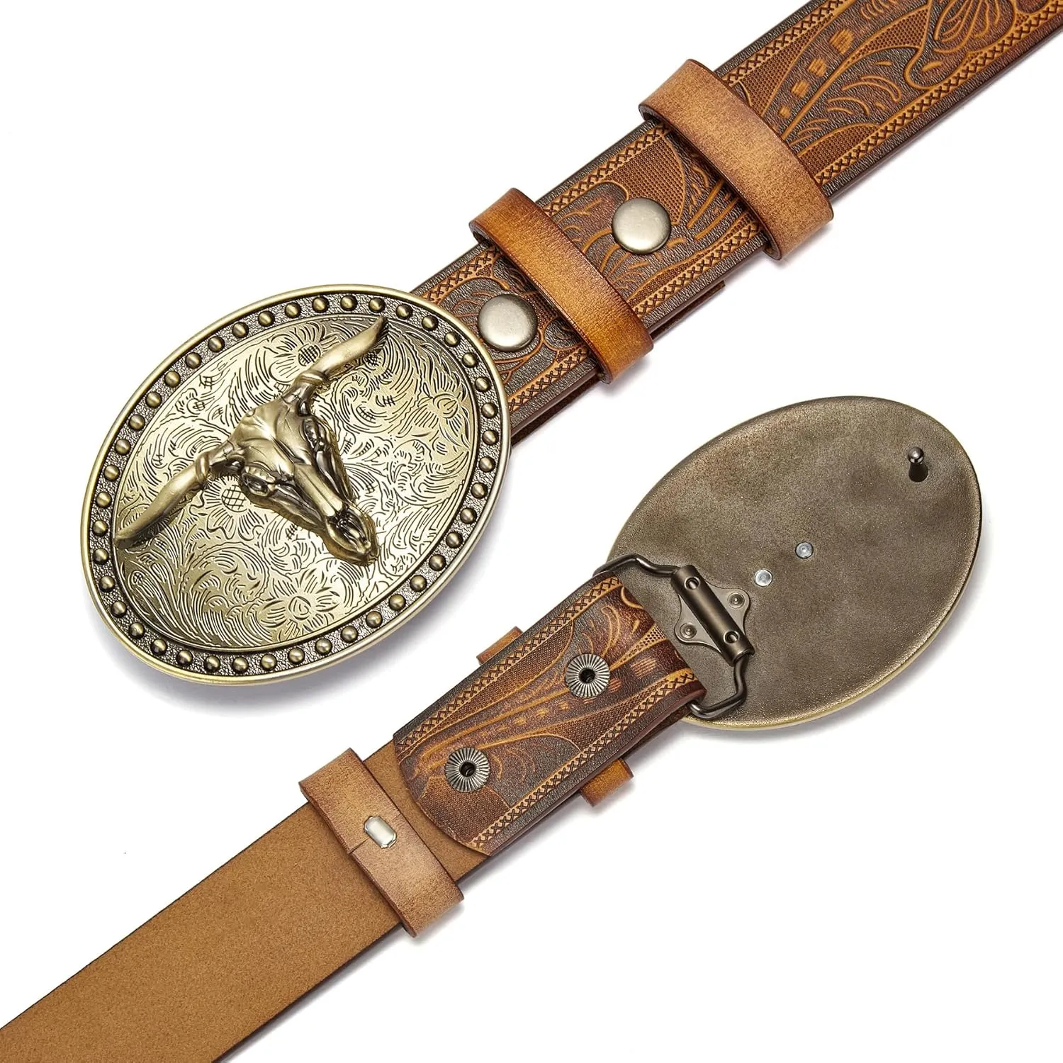 BISON DENIM Mens Western Cowboy Belt - Longhorn Cow Pattern Buckle with Printed Engraved Buckle Strap Adjustable