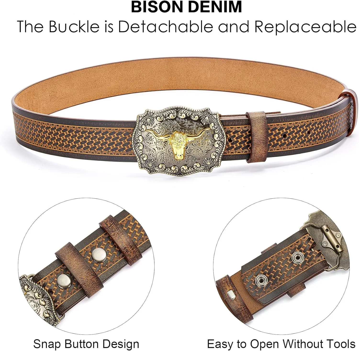 BISON DENIM Mens Western Cowboy Belt - Longhorn Cow Pattern Buckle with Printed Engraved Buckle Strap Adjustable