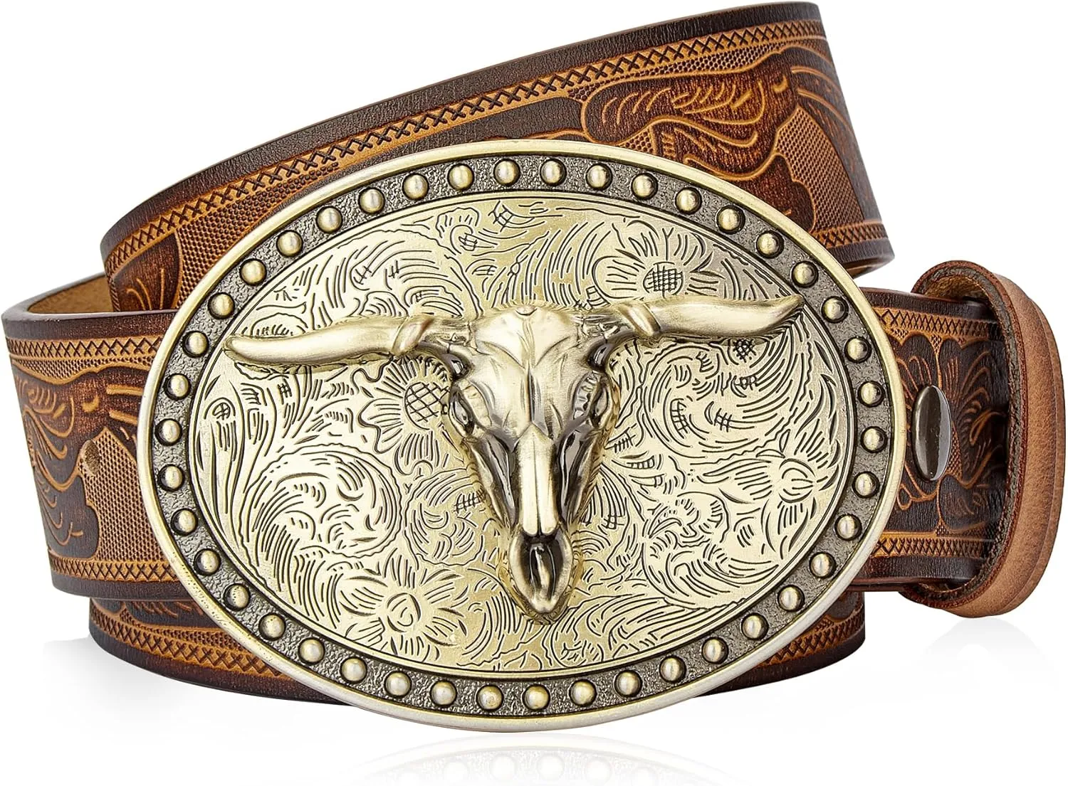 BISON DENIM Mens Western Cowboy Belt - Longhorn Cow Pattern Buckle with Printed Engraved Buckle Strap Adjustable
