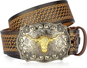 BISON DENIM Mens Western Cowboy Belt - Longhorn Cow Pattern Buckle with Printed Engraved Buckle Strap Adjustable