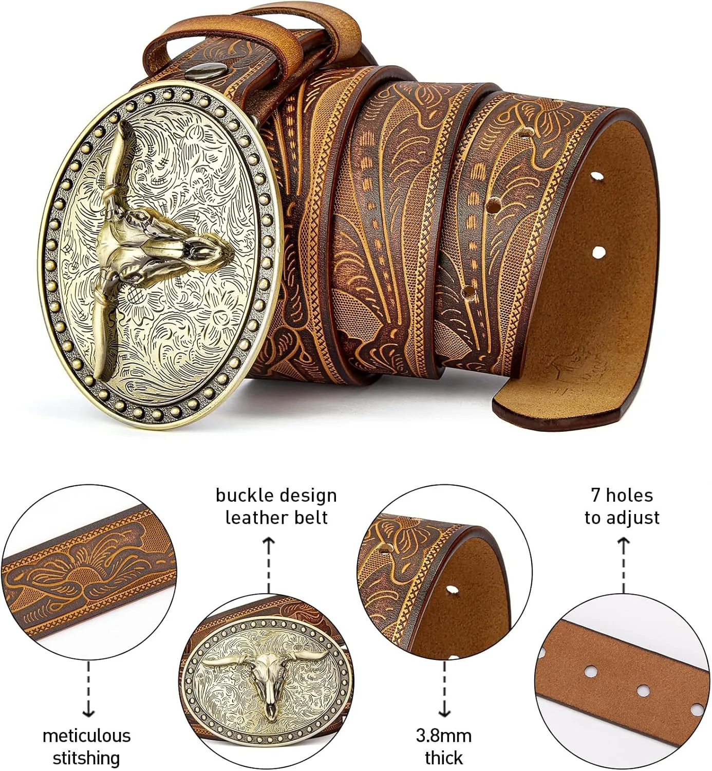 BISON DENIM Mens Western Cowboy Belt - Longhorn Cow Pattern Buckle with Printed Engraved Buckle Strap Adjustable