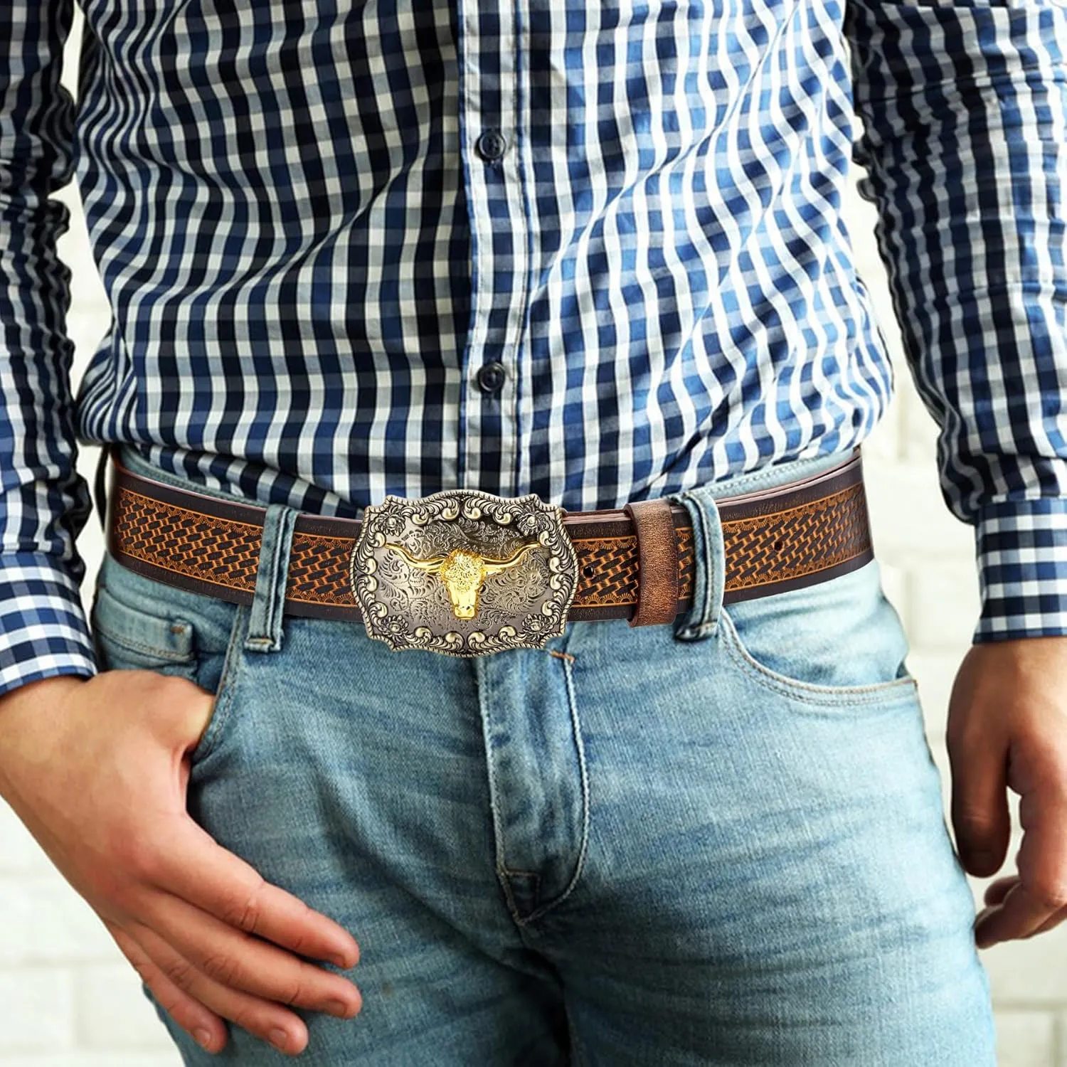 BISON DENIM Mens Western Cowboy Belt - Longhorn Cow Pattern Buckle with Printed Engraved Buckle Strap Adjustable