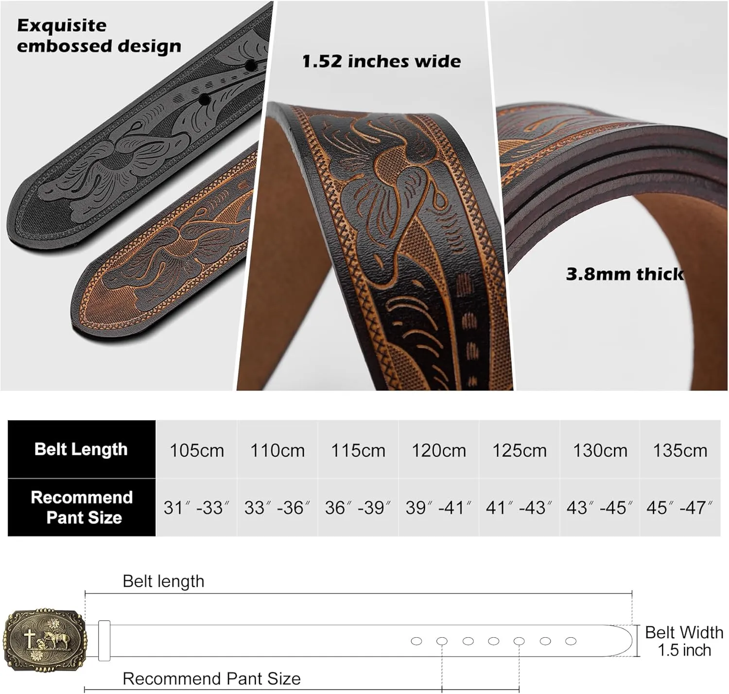 BISON DENIM Men's Western Cowboy Belt with Big Printed Engraved Buckle Strap Adjustable