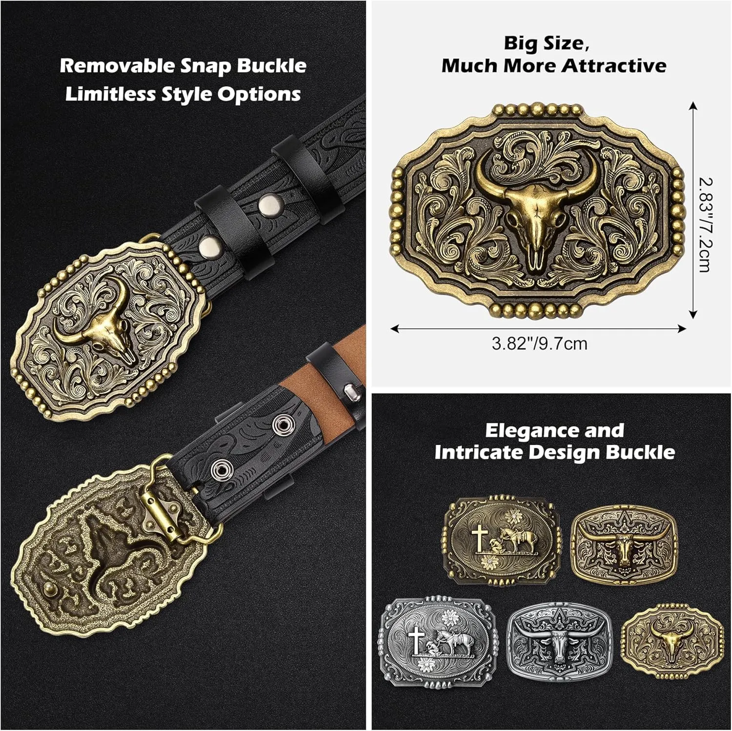 BISON DENIM Men's Western Cowboy Belt with Big Printed Engraved Buckle Strap Adjustable