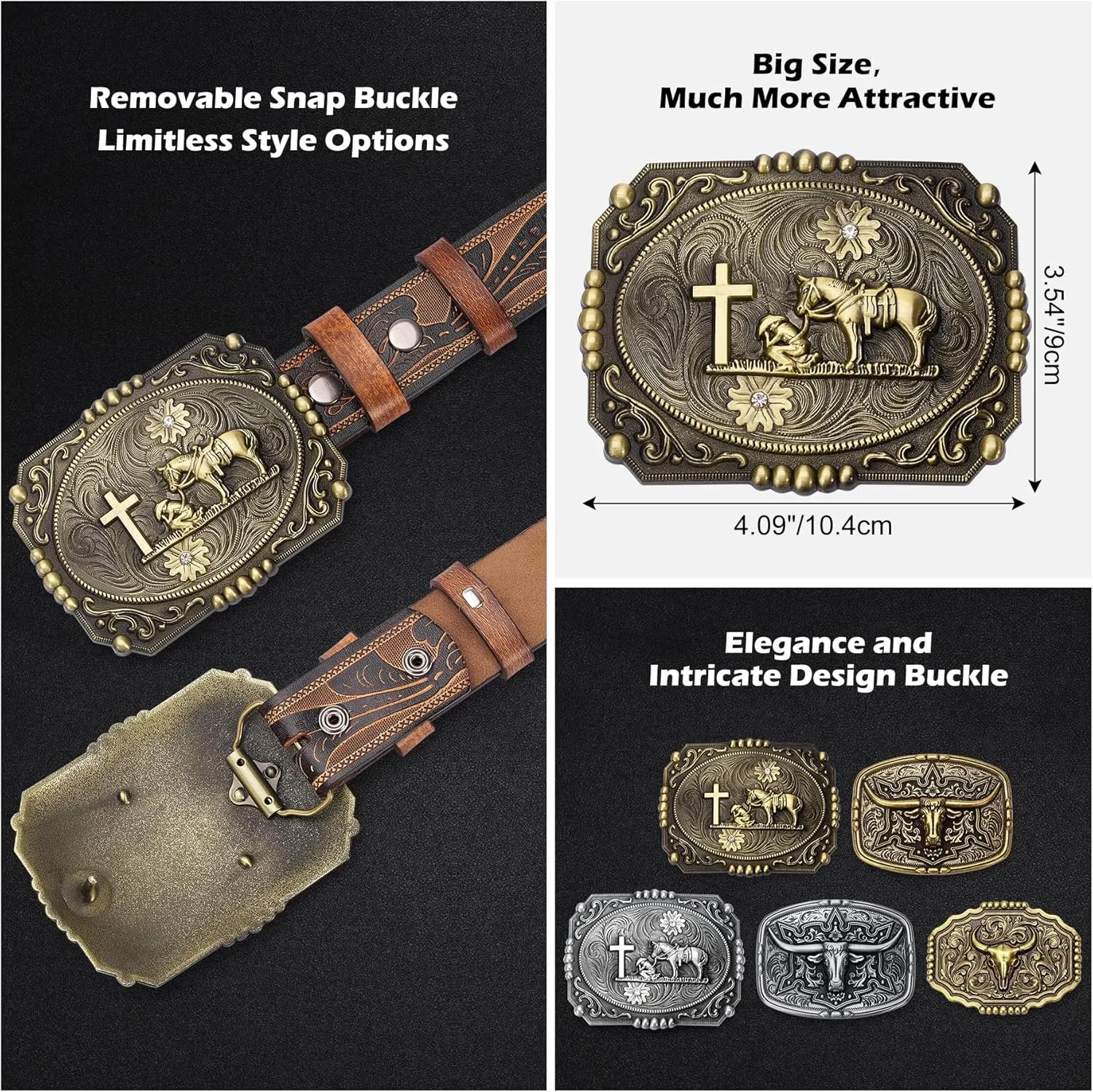 BISON DENIM Men's Western Cowboy Belt with Big Printed Engraved Buckle Strap Adjustable