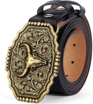 BISON DENIM Men's Western Cowboy Belt with Big Printed Engraved Buckle Strap Adjustable