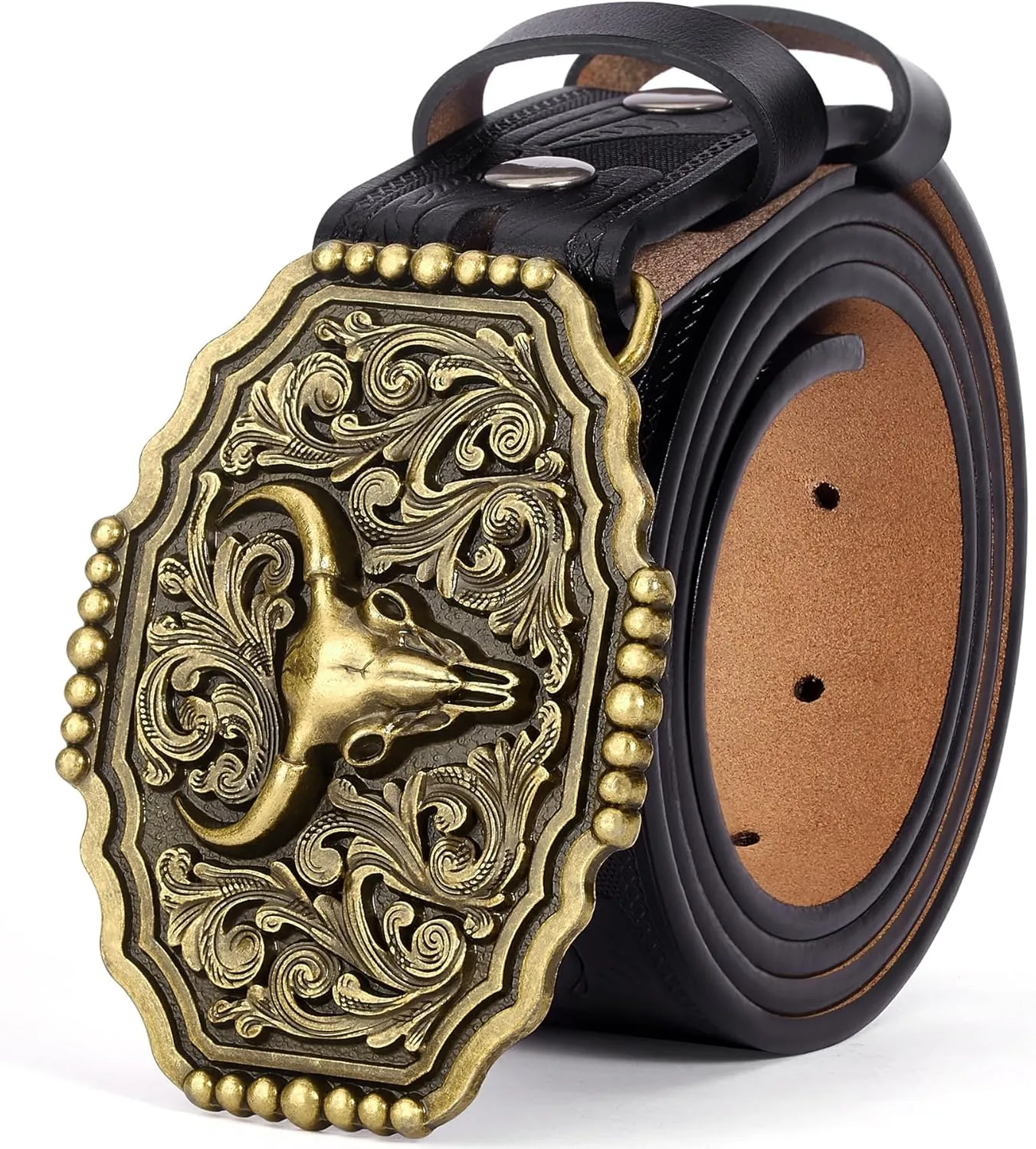 BISON DENIM Men's Western Cowboy Belt with Big Printed Engraved Buckle Strap Adjustable
