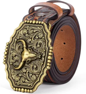 BISON DENIM Men's Western Cowboy Belt with Big Printed Engraved Buckle Strap Adjustable